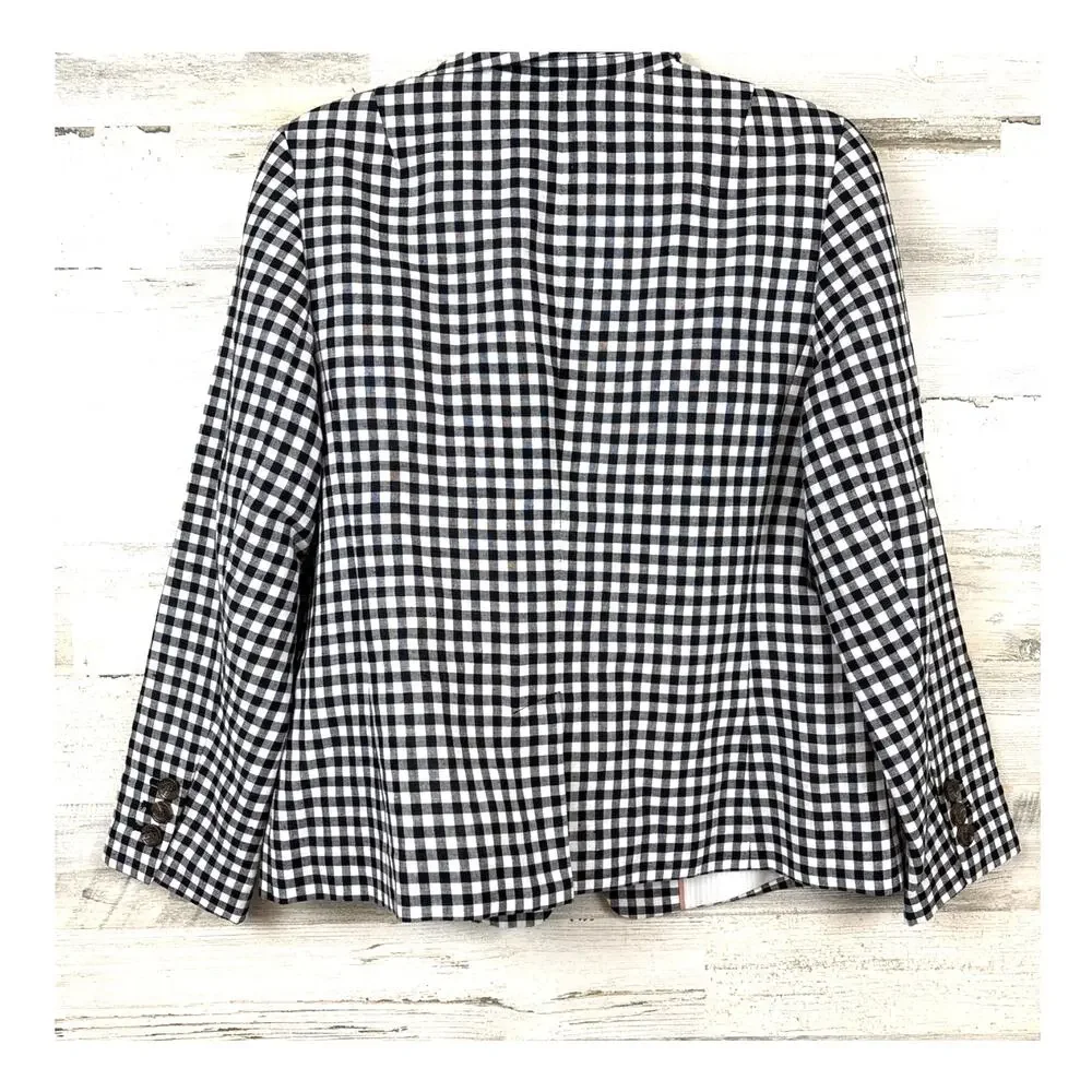 Talbots Womens 12 Petite Black White Gingham Linen Blazer Preppy NEW